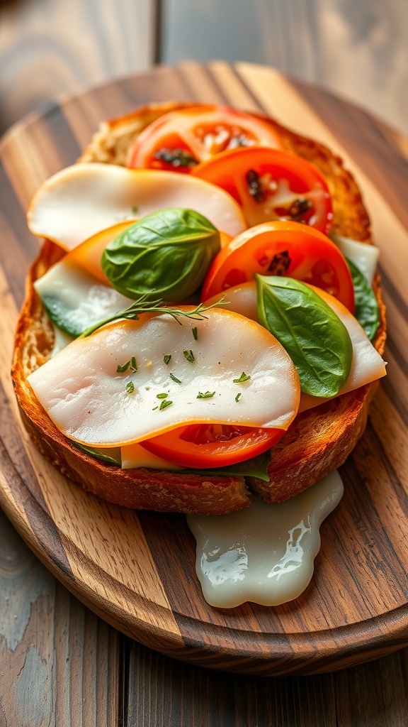Open face sandwich with French bread, cheese, ham, and vegetables on a wooden board.